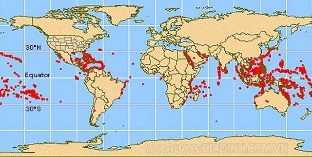 Bản đồ phân bố rạn san hô trên thế giới.